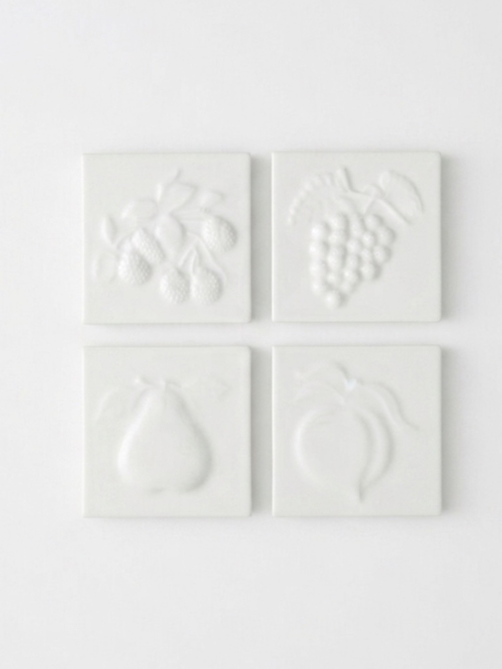 90s Vintage Set of 4 White Ceramic Fruit Relief Wall Tiles